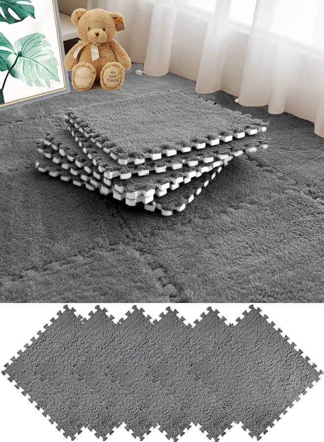 6 Pcs Plush Foam Floor Mat Square Interlocking Carpet Tiles with Border Fluffy Play Mat Floor Tiles Fluffy Area Rugs Square Soft Climbing Area Rugs DIY Floor Crawling Mat Tiles for Home Playroom Decor (Grey) - Image 1